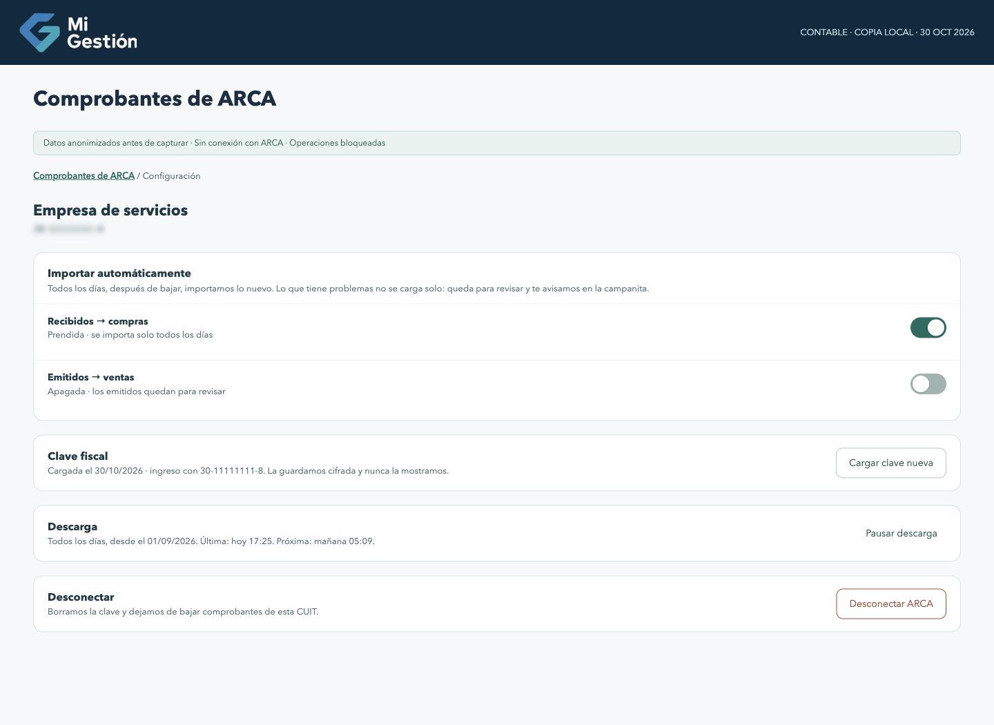 Configuración de Comprobantes de ARCA: importación de recibidos activada y emitidos para revisión, en una copia anonimizada.