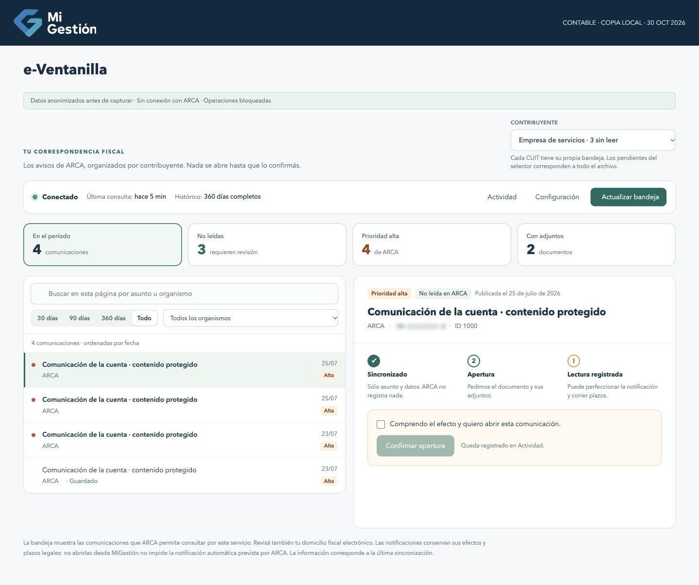 Bandeja de e-Ventanilla por contribuyente, con filtros y una apertura pendiente de confirmación. Datos anonimizados.